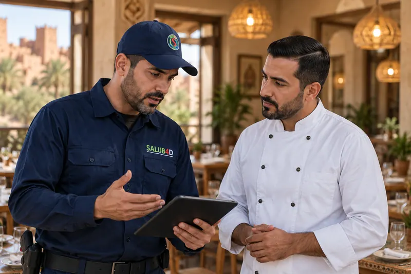 فني يعرض لوحاً إلكترونياً على طاهٍ داخل مطعم.