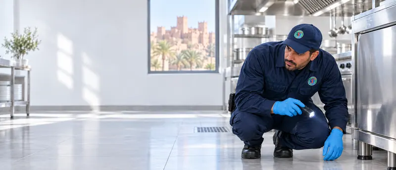 فني يفحص أسفل تجهيزات من الفولاذ داخل مطبخ مهني مضيء.
