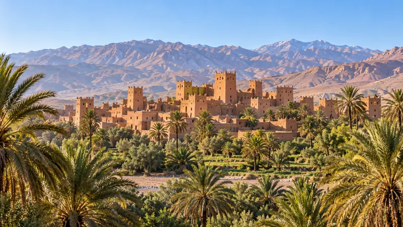 قصبة بين النخيل عند سفح الجبال.