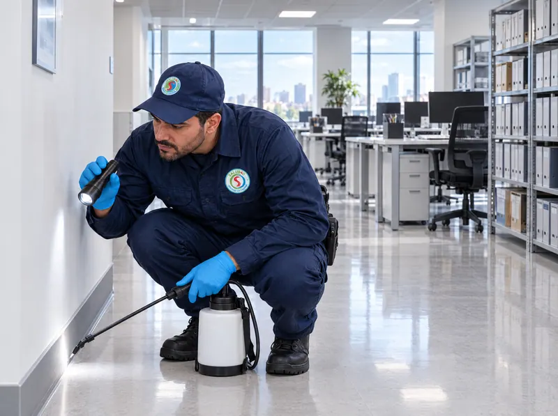 A technician treats the base of a wall in administrative offices.