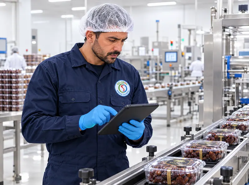 A technician in a hairnet records observations on a food packaging line.