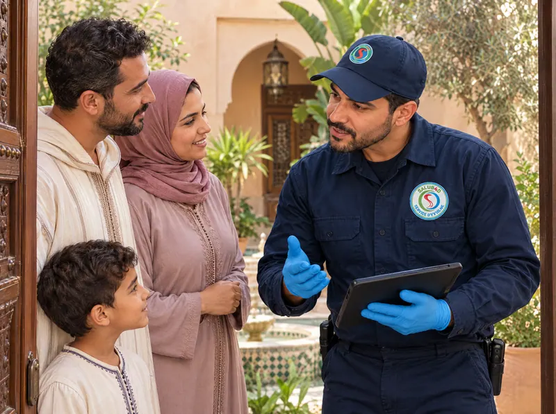 A technician explains the visit to a family at their home.