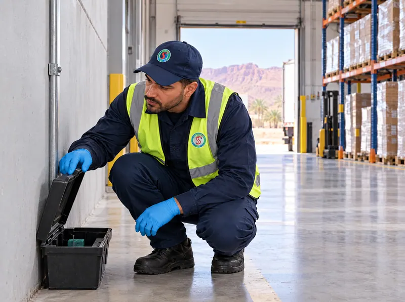 A technician in a safety vest checks a monitoring station in a warehouse.