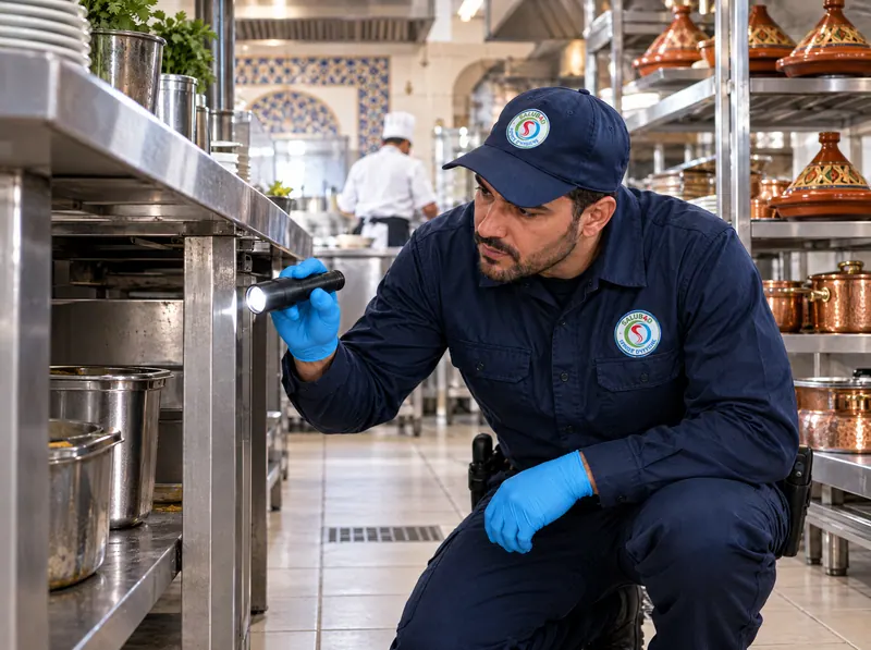 A technician checks under the worktops of a restaurant kitchen.