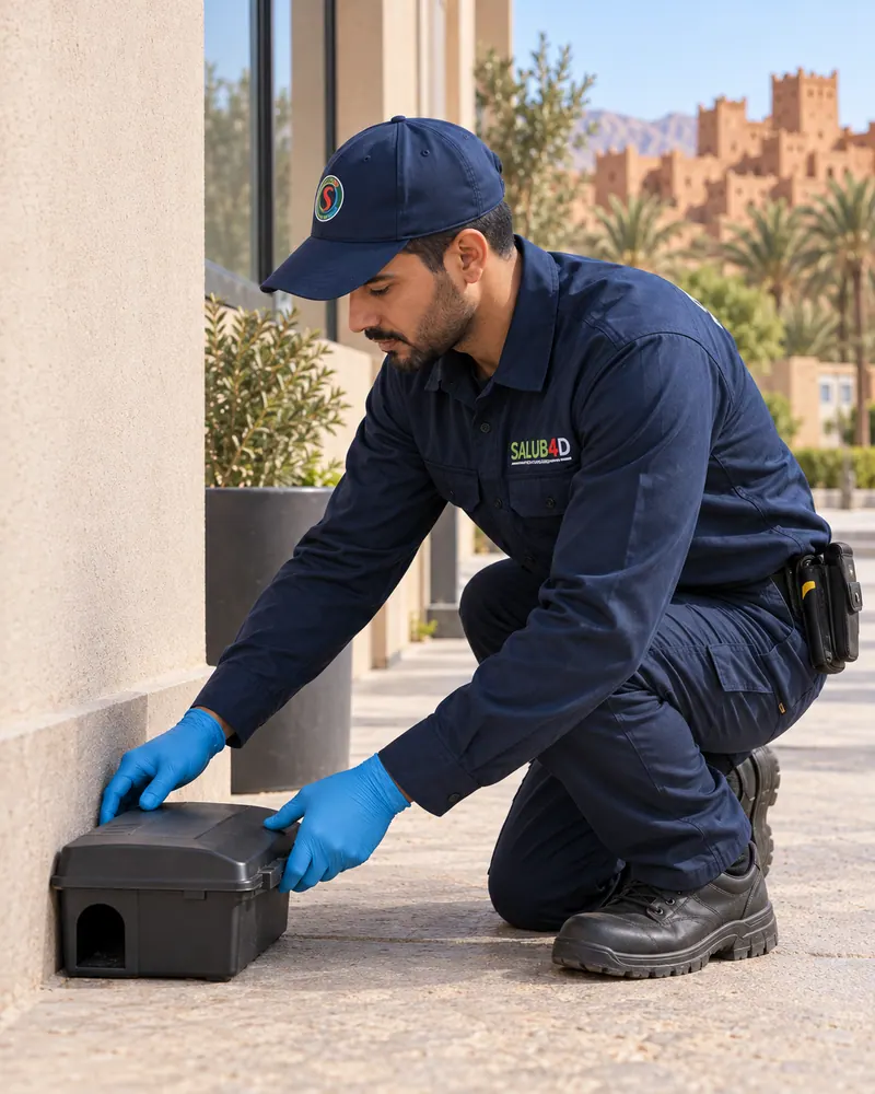 فني يثبت محطة مراقبة للقوارض عند أسفل جدار.