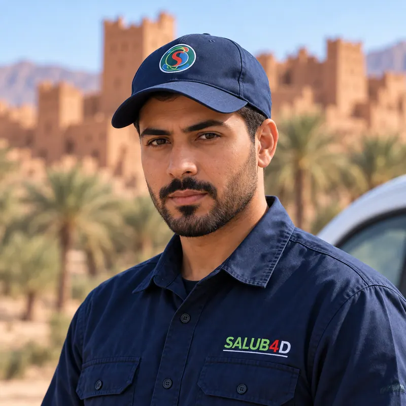 صورة رجل ملتحٍ بلباس عمل SALUB4D أمام قصبة.