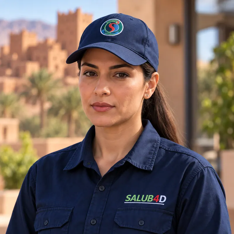 صورة امرأة بلباس عمل SALUB4D أمام قصبة.